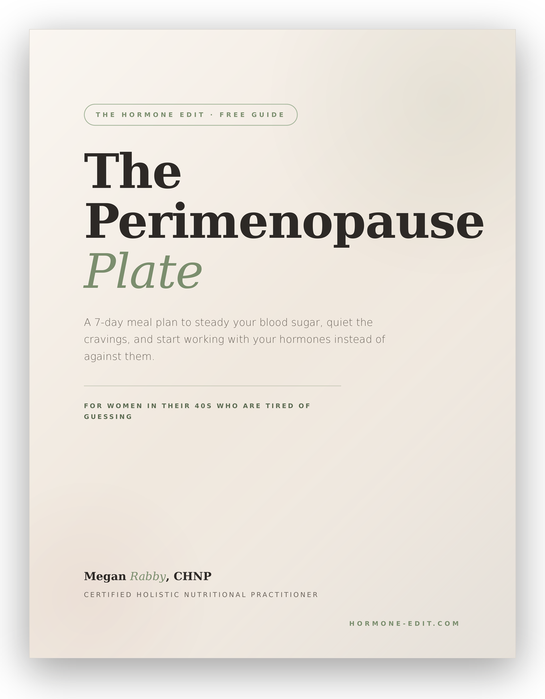 The Perimenopause Plate, a free 7-day meal plan PDF, shown as a cover mockup